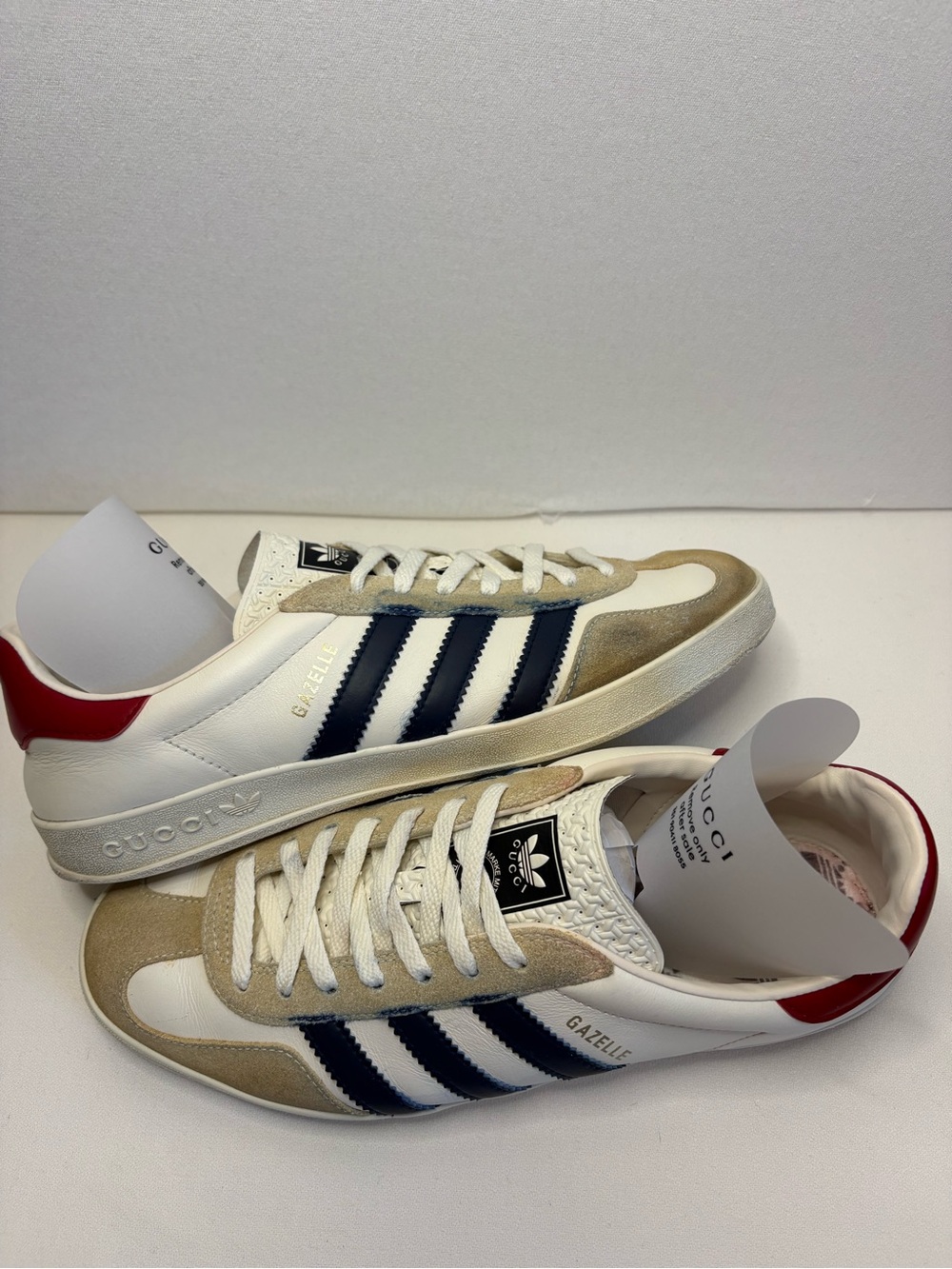 Gucci X Adidas Gazelle Men’s Sneakers in White, Navy, Tan & Red